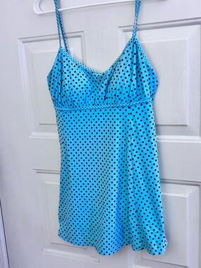 Beach House Aqua Blue Polka Dot One-Piece Swim Dress with Black Dots
